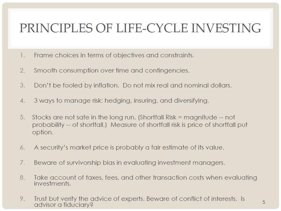 The nine principles of life-cycle investing. Life cycle finance improves retirement income planning by introducing new retirement income strategies.
